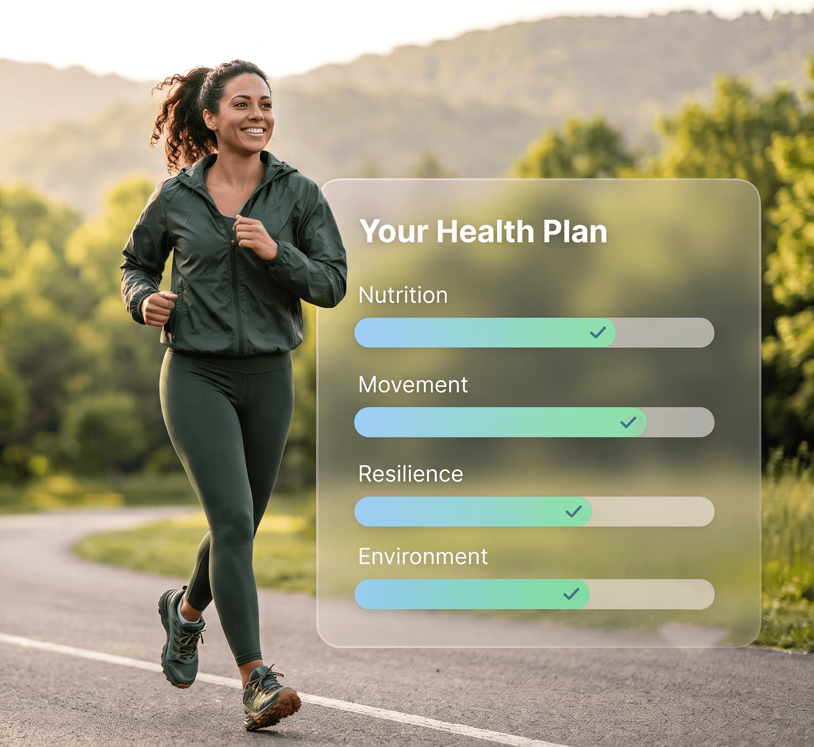 Woman jogging outdoors next to an overlay of her Health Plan, showing progress across Nutrition, Movement, Resilience, and Environment